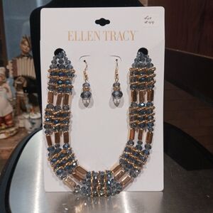 Ellen Tracy Designer Blue & Goldtone Beaded Necklace And Earrings Set